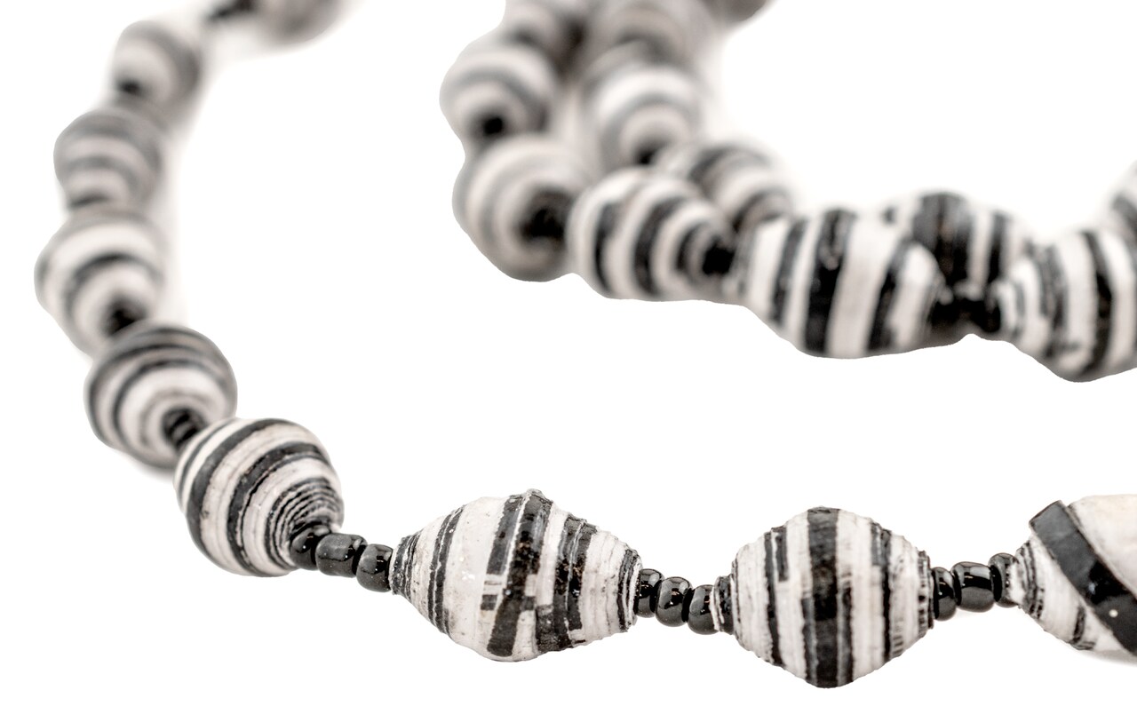 The Bead Chest Recycled Paper Bead Necklace from Uganda - Fair Trade African Jewelry (Black White Stripe)